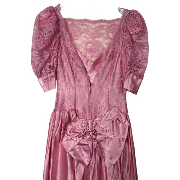 Vintage 80s Pink Lace Puff Sleeve Satin Dress Bow Back Formal Petite Small Prom - Picture 5 of 11